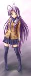  antenna_hair bad_id bad_pixiv_id clannad cosplay fujibayashi_kyou fujibayashi_kyou_(cosplay) green_eyes highres hiiragi_namiki hikarizaka_private_high_school_uniform legs mamotte_shugogetten! purple_hair school_uniform shugogetten_shaolin solo thighhighs zettai_ryouiki 