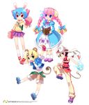  animal_ears arm_up armcho belt blonde_hair blue_hair book boxing_gloves braid buffalo_(trickster) bunny_(trickster) bunny_ears dress fingerless_gloves gloves goggles goggles_on_head headband horns lion_(trickster) lion_ears long_hair multiple_girls open_book pink_hair sheep_(trickster) sheep_ears shorts simple_background skirt socks tail trickster twin_braids 