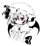  angeltype bat_wings greyscale hat monochrome red_eyes remilia_scarlet short_hair smile solo spot_color touhou wings 