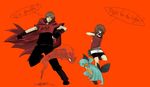  1girl brown_hair english gen_2_pokemon gen_3_pokemon haruka_(pokemon) holding holding_poke_ball homura_(pokemon) marshtomp orange_background poke_ball pokemon pokemon_(creature) pokemon_(game) pokemon_rse simple_background slugma source_request taoru_(t_kiji) team_magma 