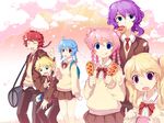  3girls armcho bad_id bad_pixiv_id blonde_hair blue_eyes braid buffalo_(trickster) bunny_(trickster) cat_(trickster) dragon_(trickster) everyone food green_eyes lion_(trickster) lowres multiple_boys multiple_girls open_mouth petals pink_hair purple_eyes purple_hair quad_tails red_eyes red_hair school_uniform sheep_(trickster) skirt tongue trickster 