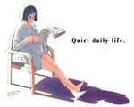  barefoot blue_hair feet newspaper original shiwasu_takashi short_hair sitting solo 