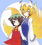  animal_ears bad_id bad_pixiv_id blonde_hair brown_eyes brown_hair chen happy hat long_sleeves lowres multiple_girls multiple_tails one_eye_closed oza_watto petting pillow_hat short_hair surcoat tail tassel touhou wide_sleeves yakumo_ran yellow_eyes 