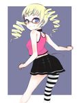  asymmetrical_clothes bad_id bad_pixiv_id bespectacled blonde_hair blue_eyes camisole dance_dance_revolution drill_hair glasses lowres oza_watto single_thighhigh smile solo striped striped_legwear thighhighs twin_drills twintails yuni_(dance_dance_revolution) 