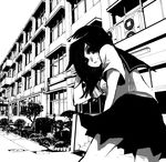  air_conditioner artist_request building copyright_request greyscale monochrome school_uniform skirt solo 