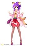  animal_ears armcho bag fox_(trickster) fox_ears fox_tail full_body glasses multiple_tails pantyhose ponytail purple_hair skirt solo standing tail trickster 