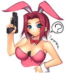  animal_ears between_breasts blue_eyes breasts bunny_ears bunnysuit code_geass glock gun handgun hiyohiyo holding holding_gun holding_weapon kallen_stadtfeld large_breasts leotard locked_slide lowres magazine_(weapon) pink_leotard pistol red_hair solo trigger_discipline weapon 