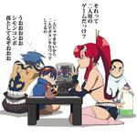  3boys bikini_top blue_hair boota kamina long_hair lowres multiple_boys nanboku playing ponytail red_hair rossiu sarashi simon sitting table tattoo television tengen_toppa_gurren_lagann thighhighs translated video_game yoko_littner 