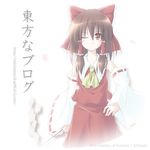  ;) ascot blush brown_eyes brown_hair detached_sleeves dress hair_tubes hakurei_reimu hand_on_hip kibushi long_sleeves one_eye_closed red_dress ribbon-trimmed_sleeves ribbon_trim short_hair sidelocks simple_background smile solo standing touhou white_background 