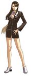  &gt;:) absurdres ayasato_chihiro bangs bare_legs belt black_dress blazer blunt_bangs breasts brown_eyes brown_hair buttons cleavage dress earrings edaki_shin'ya full_body gyakuten_saiban hand_on_hip high_heels highres jacket jewelry legs legs_apart light_smile lipstick long_hair long_sleeves looking_at_viewer loose_belt magatama makeup medium_breasts mole mole_under_mouth no_socks official_art red_lipstick scarf shoes short_dress simple_background smile solo standing v-shaped_eyebrows white_background zipper 