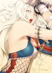  armband bdsm bondage bound breasts cuffs eyeliner face handcuffs kyo_(kuroichigo) long_hair lying makeup medium_breasts monster_hunter nargacuga_(armor) on_side sideboob signature solo white_hair yellow_eyes 