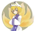  bad_id bad_pixiv_id blonde_hair blush fox_tail hands_in_opposite_sleeves hat long_sleeves lowres multiple_tails oza_watto pillow_hat short_hair solo surcoat tail tassel touhou wide_sleeves yakumo_ran yellow_eyes 