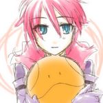  artist_request blue_eyes close-up creature elbow_gloves eyebrows_visible_through_hair feldt_grace gloves gundam gundam_00 hair_between_eyes haro holding looking_at_viewer lowres parted_lips pink_cape pink_hair purple_gloves short_hair sketch smile solid_oval_eyes solo two-tone_background upper_body 