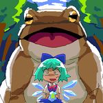  animal bad_id bad_pixiv_id blue_hair cirno frog hachi_(8bit_canvas) lowres oekaki oogama oversized_animal ribbon solo touhou wings you_gonna_get_raped 