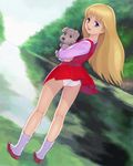  artist_request ass blonde_hair blue_eyes choujuu_kishin_dancouga dog laura_sullivan long_hair looking_back lowres oekaki panties solo underwear wind wind_lift 