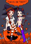  bad_id bad_pixiv_id bat_wings bikini bloomers blue_eyes blue_hair braid copyright_request demon_girl demon_tail halloween hat hntk horns jack-o'-lantern long_hair multiple_girls pointing pumpkin red_eyes red_hair short_hair sitting striped striped_legwear swimsuit tail tattoo thighhighs trick_or_treat underwear wings witch witch_hat 