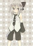  bare_shoulders black_neckwear blush brown_hair detached_sleeves eighth_note himegimi legs_apart musical_note necktie original polka_dot polka_dot_background short_hair short_sleeves shorts sidelocks silver_hair simple_background solo standing vest 