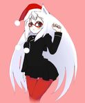  animal_ears christmas glasses hat long_hair original oza_watto pantyhose santa_hat school_uniform solo white_hair 