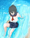  bad_id bad_pixiv_id barefoot black_hair closed_eyes copyright_request fallen_down lefty10 school_uniform short_hair solo water wet wet_clothes 
