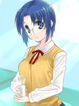  blue_eyes blue_hair ciel face glasses hisaba_iori school_uniform short_hair smile solo sweater_vest tea tsukihime vest 