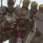  armor blonde_hair cape dragoon dragoon_(fft) final_fantasy final_fantasy_tactics helmet knight_(fft) lowres male_focus mangetsu manly md5_mismatch multiple_boys oekaki ramza_beoulve shield spikes sword weapon 