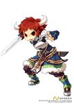  armcho armor buffalo_(trickster) fighting_stance full_body horns male_focus red_eyes red_hair solo standing sword trickster weapon 
