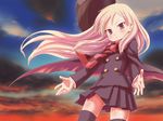  bad_id bad_pixiv_id blonde_hair blush cape chiaki hat kurobuta_gekkan long_hair red_eyes scarf shigofumi skirt sky solo striped striped_scarf thighhighs wallpaper zettai_ryouiki 