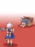  2girls all_fours barefoot bloomers blue_dress blue_hair bow box bucket cardboard_box cirno dress gradient gradient_background hair_bow ice ice_wings in_box in_container izayoi_sakuya maid maid_headdress mop multiple_girls sankuma short_hair silver_hair touhou underwear wings 