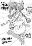  :d beret braid bunny_hair_ornament dress graf_eisen greyscale hair_ornament hammer hat holding holding_weapon long_hair looking_at_viewer lyrical_nanoha mahou_shoujo_lyrical_nanoha mahou_shoujo_lyrical_nanoha_a's monochrome open_mouth pikazo puffy_short_sleeves puffy_sleeves short_sleeves smile solo spikes standing twin_braids very_long_hair vita weapon 