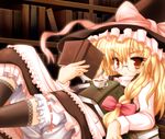  ai_takurou bespectacled blonde_hair book bookshelf cup glasses hat kirisame_marisa kneehighs looking_at_viewer lying no_nose open_book solo teacup touhou witch_hat 