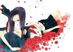  bad_id bad_pixiv_id barefoot closed_eyes copyright_request flower long_hair lying maca multiple_girls petals red_flower red_rose rose school_uniform serafuku skirt sleeping 