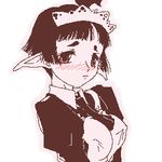  apron artist_request blush breasts copyright_request covered_nipples elf impossible_clothes lowres maid maid_headdress medium_breasts monochrome oekaki pink pointy_ears puffy_sleeves red_eyes solo spot_color upper_body 