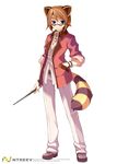  animal_ears armcho blue_eyes bracelet brown_hair formal full_body glasses hand_in_pocket jewelry male_focus necklace pointer raccoon_(trickster) raccoon_ears raccoon_tail simple_background sleeves_rolled_up solo standing stick suit tail trickster 