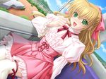  biosoldier_ayumi blonde_hair game_cg green_eyes hair_ribbon ribbon saeki_hokuto socks solo thighhighs youjuu_senki_a.d._2048 