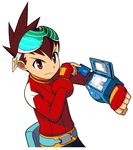 artist_request belt belt_pouch brown_hair hoshikawa_subaru_(rockman) long_sleeves machinery male_focus official_art pocket pouch red_eyes rockman ryuusei_no_rockman screen simple_background solo spiked_hair upper_body white_background 