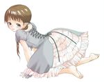 all_fours barefoot blue_eyes blush brown_hair child copyright_request corset dress feet frills inuburo long_hair solo 