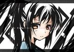  black_hair brown_eyes closed_mouth expressionless fukurou genderswap genderswap_(mtf) kyonko looking_at_viewer multicolored_hair ponytail simple_background solo suzumiya_haruhi_no_yuuutsu two-tone_hair white_hair 