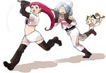  1girl artist_request blue_eyes blue_hair butterfly_net cat clothes_writing gen_1_pokemon hair_slicked_back hand_net kojirou_(pokemon) long_hair meowth musashi_(pokemon) net pokemon pokemon_(anime) pokemon_(creature) red_hair running shadow simple_background team_rocket thighhighs white_background 