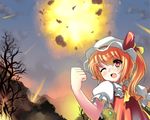  aida_takanobu blonde_hair clenched_hand explosion fang flandre_scarlet from_below lowres one_eye_closed one_side_up open_mouth red_eyes smile solo touhou wings 