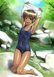  androgynous arms_up bang-you barefoot brown_eyes brown_hair dark_skin day flat_chest forest kashiwagi_azusa kizuato kneeling looking_at_viewer nature one-piece_swimsuit open_mouth ribs rock school_swimsuit shiny shiny_skin shirt short_hair sky solo swimsuit tan teeth thigh_gap tomboy tree undressing water younger 