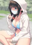  barefoot bikini black_hair blue_bikini blue_eyes breasts brown_hair cleavage commentary_request eyebrows_visible_through_hair hair_ornament hair_scrunchie hassu highres hood hoodie indian_style jacket jonsun large_breasts long_hair mask navel open_clothes open_jacket outdoors red_scrunchie scrunchie sitting solo ssss.gridman surgical_mask swimsuit twitter_username white_hoodie white_jacket 