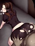  1girl all_fours ass ass_grab back bike_shorts blue_eyes blush breasts brown_hair buttjob capcom censored claire_redfield clothed_female_nude_male crying cum cum_on_ass cum_on_body cum_on_lower_body doggystyle grinding heavy_breathing highres holster huge_ass latex legs long_hair looking_back midriff mosaic_censoring penis ponytail pubic_hair raised_eyebrows resident_evil resident_evil_2 sawao short_sleeves skin_tight small_breasts solo_focus sweat tears thighs torn_clothes 