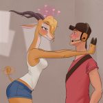  &lt;3 against_wall antelope assertive baseball_cap bedroom_eyes big_breasts blonde_hair blue_eyes blush breasts brown_eyes clothed clothing crossover denim_shorts disney duo female gazelle gazelle_(zootopia) hair half-closed_eyes hat horn human male male/female mammal midriff scout_(team_fortress_2) seductive shirt shorts tailwag tank_top team_fortress_2 valve video_games zanzagen zootopia 