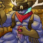  abs alistar anthro antlers balls bandanna biceps big_muscles big_penis blue_fur blue_hair bottomless bovine cattle clothing cowboy_hat erection fur glass gloves hair hat horn humanoid_penis jacket league_of_legends male mammal masturbation muscles nude open_shirt pecs penis pose presenting shirt sitting solo spread_legs spreading toned tongue tongue_out vein veiny_penis vest wulfer-shepherd 