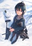  absurdres ahoge black_hair breath brown_eyes commentary dreadtie grenade_launcher highres holding holding_weapon loafers original pantyhose scarf school_uniform shoes snow snowing snowman solo weapon weapon_request 