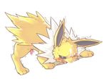  2012 blush canine cum cum_on_face doessummer eeveelution feral fur jolteon male mammal multicolor_fur nintendo one_eye_closed penis plain_background pok&#233;mon pokemon solo tapering_penis two_tone_fur video_games white_background white_fur yellow_fur 