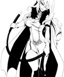  akishima_kei breasts cape cleavage cleavage_cutout copyright_request elbow_gloves gloves greyscale large_breasts long_hair monochrome one_eye_closed solo tongue whip 