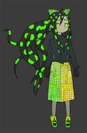  abe_tomomi bad_id bad_pixiv_id black_background black_hair black_jacket blush copyright_request full_body green green_footwear green_hair hair_ribbon jacket long_hair long_skirt long_sleeves looking_away patterned patterned_hair polka_dot ribbon shoes simple_background skirt solo 