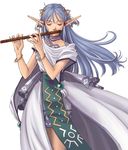  blue_hair closed_eyes flute hair_ornament hairpin instrument long_hair official_art olha_(ys) pointy_ears solo tabard taue_shunsuke white_background ys ys_vi_ark_of_napishtim 