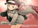  blonde_hair cape ground_vehicle hat highres mazushii military military_hat military_uniform military_vehicle motor_vehicle orchestra panzerfaust panzerkampfwagen_panther peaked_cap red red_orchestra short_hair solo star tank uniform weapon world_war_ii 
